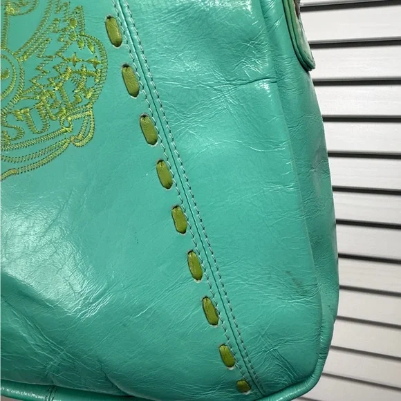 Vintage Consuela Leather Shoulder Tote Bag Teal With Colorful Flower Embroidery - Picture 4 of 16